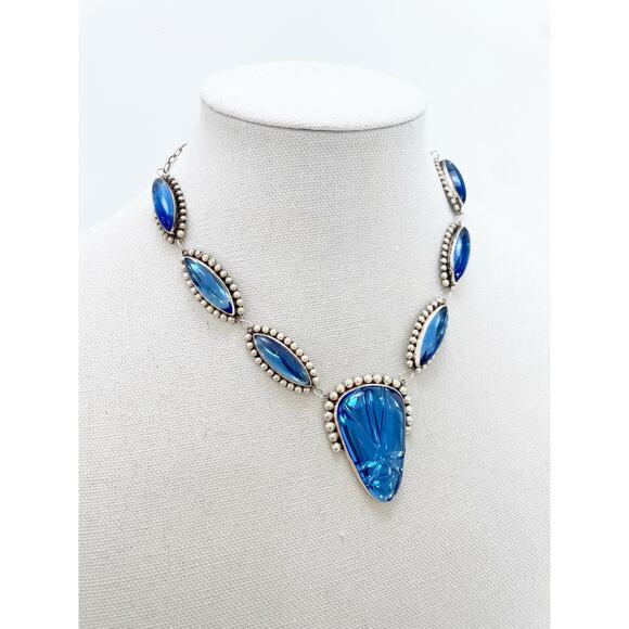 Hecho En Mexico Vintage Sterling Silver Blue Glass Statement Necklace - Picture 6 of 13